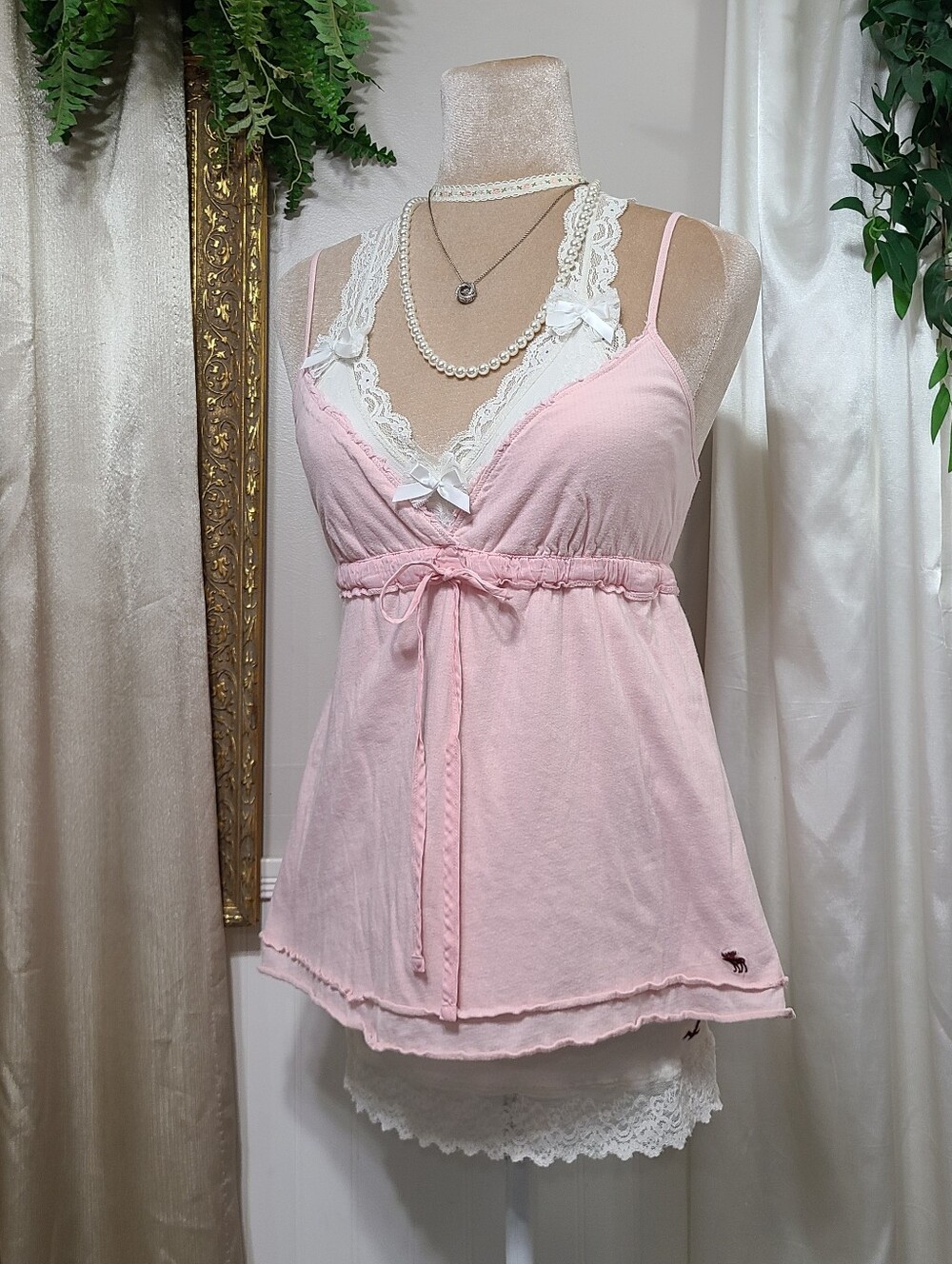 Rare Vintage Abercrombie And Fitch ♡ Y2K ♡ Baby Pink Babydoll Waist Tie Tank Top - Picture 3 of 8